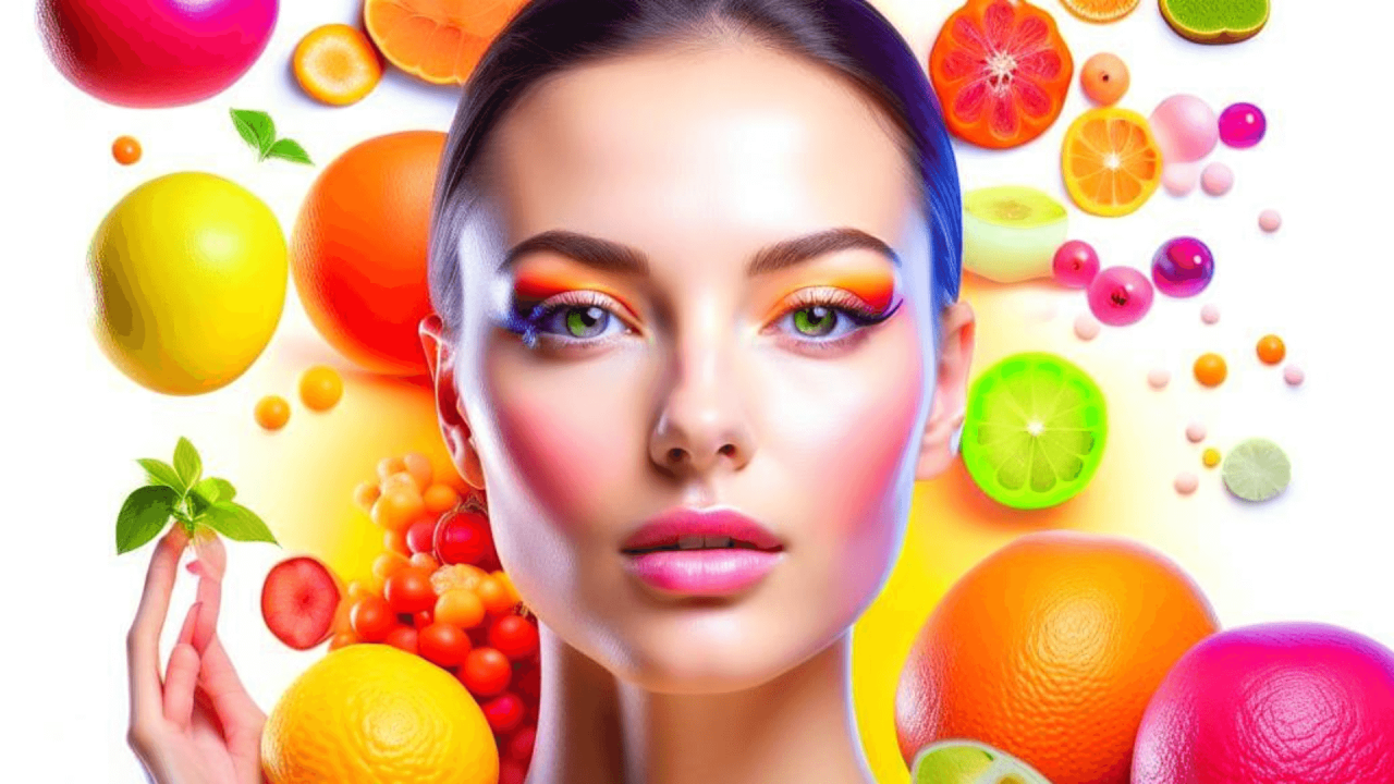 Rostro de mujer rodeado de frutas coloridas, imagen de FitLine Madrid que evoca vitalidad y bienestar.