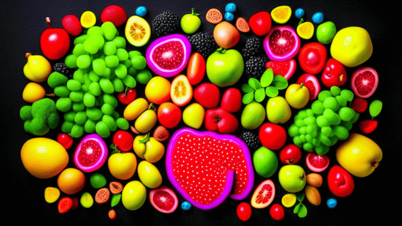 Variedad de frutas con colores vibrantes sobre fondo negro.