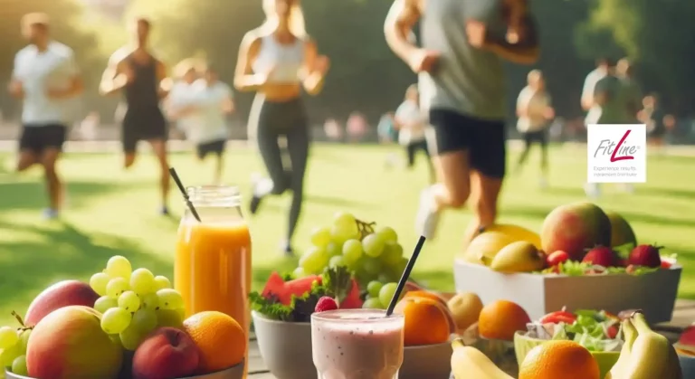 Personas corriendo y haciendo ejercicio en un parque de Madrid, con una mesa de picnic en primer plano repleta de frutas frescas y bebidas saludables, destacando un estilo de vida activo y saludable.