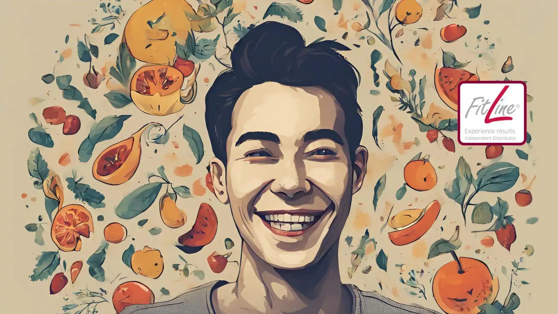 Hombre sonriendo con frutas frescas alrededor y logotipo de FitLine