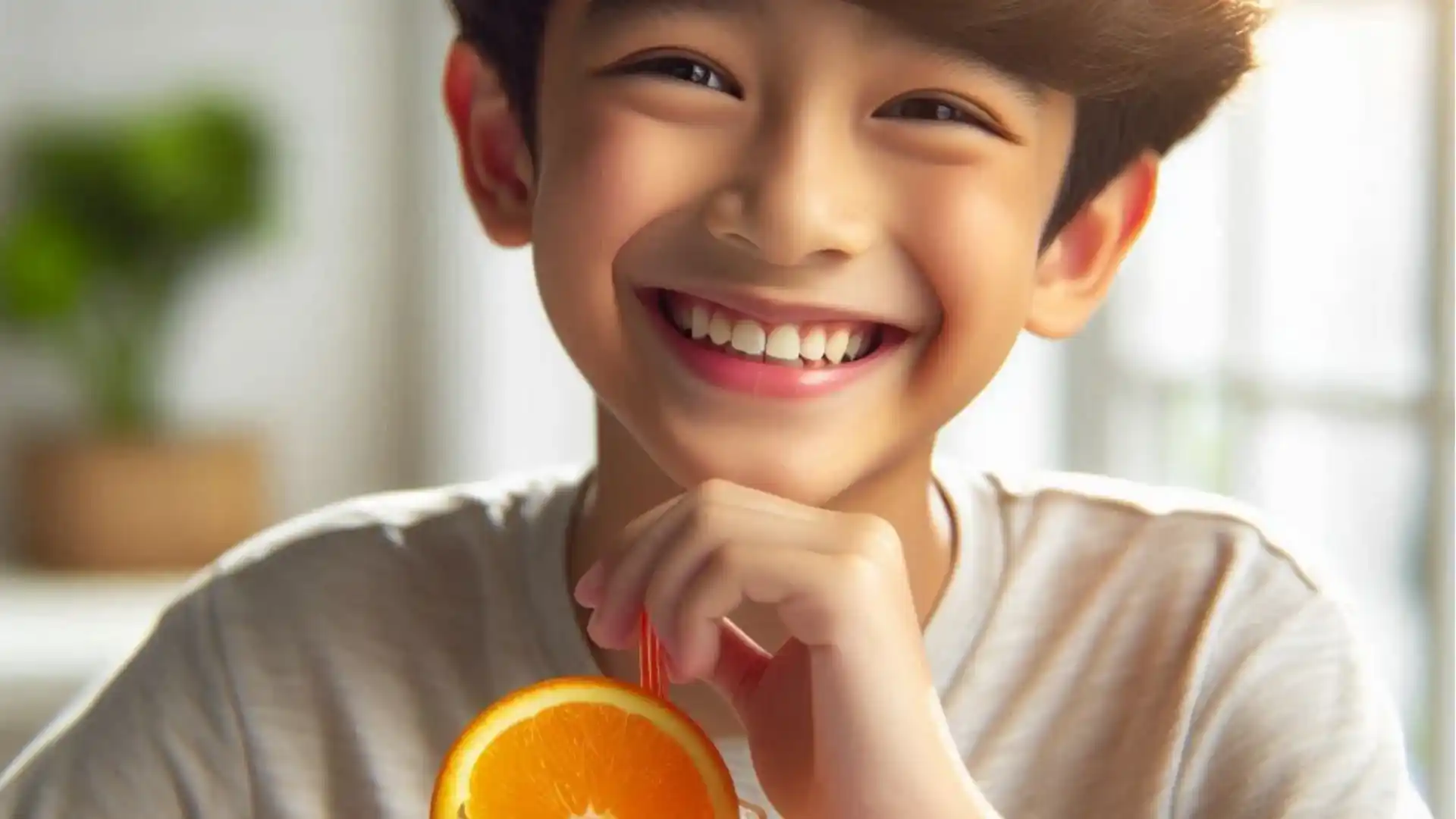 Niño sonriente bebiendo un vaso de jugo de naranja, simbolizando la nutrición y salud proporcionada por FitLine PowerCocktail Junior.