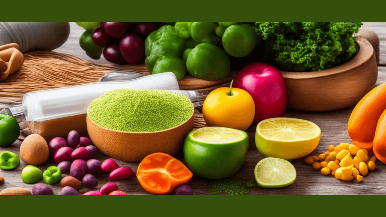 Conjunto de frutas, verduras y especias naturales para una vida saludable.