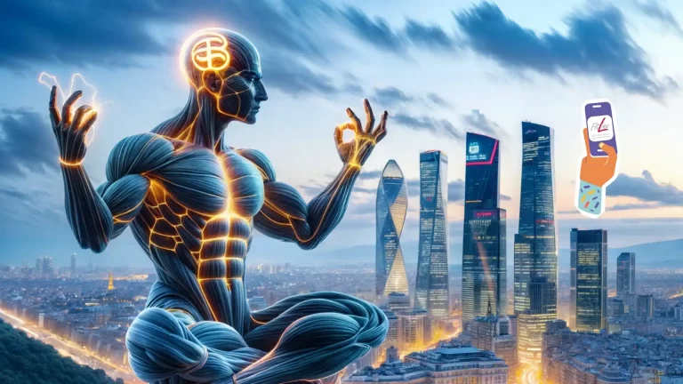 Figura humana musculosa con líneas de energía azul sobre el horizonte de Madrid, promoviendo FitLine